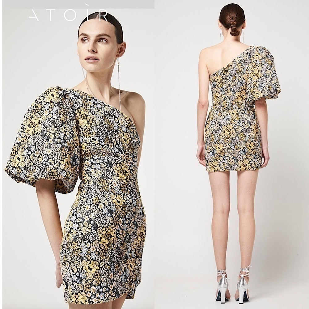 NWT ATOIR‎ Floral Vintage Tapestry 1 Shoulder Puff Short Sleeve Wrap Hem Dress 2